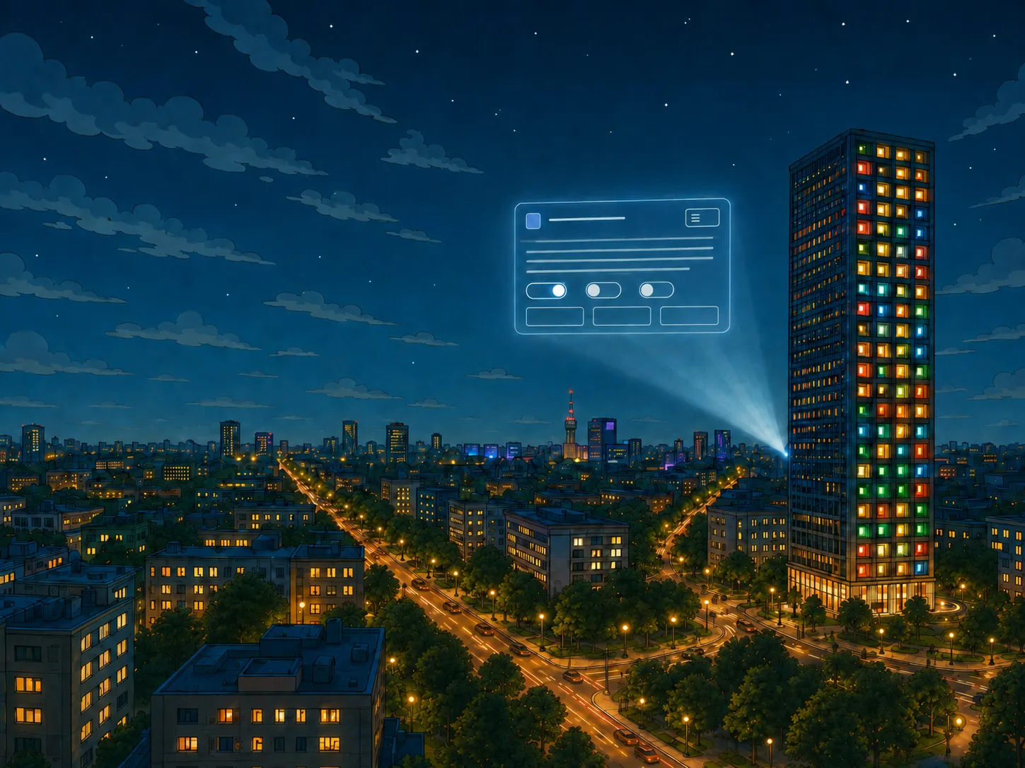 A city at night seen from above, a lit tower projecting a consent banner into the sky