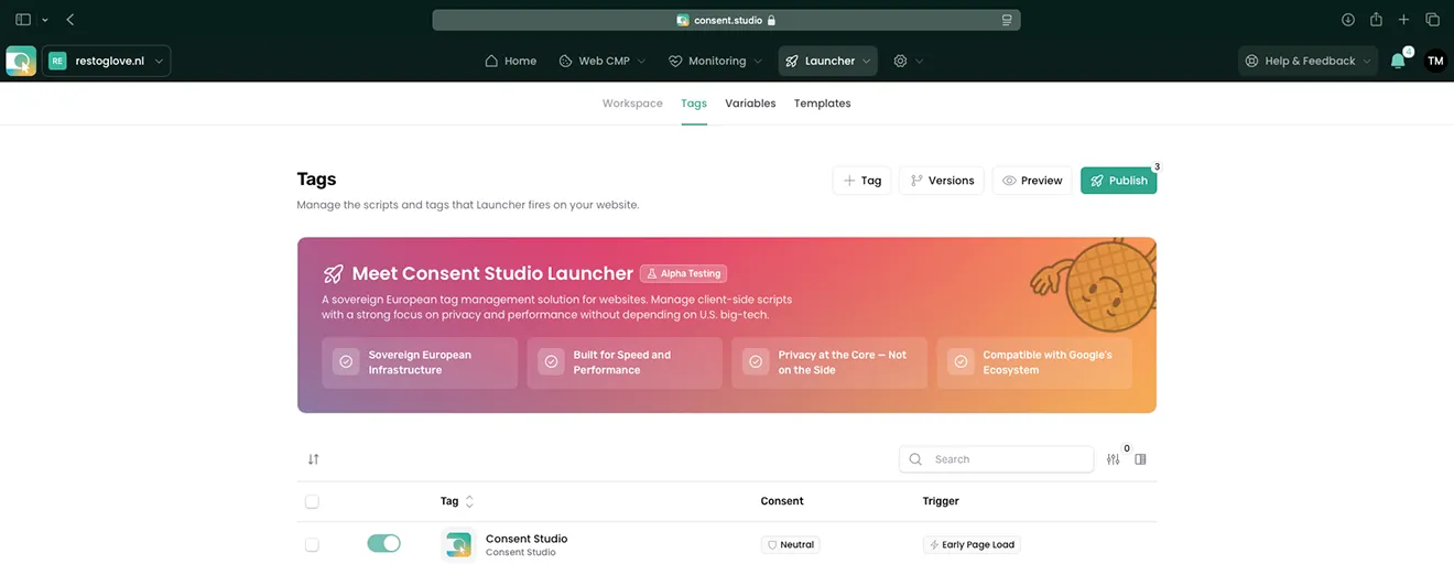 The Launcher tag workspace in the Consent Studio dashboard, listing tags with their consent setting and trigger.