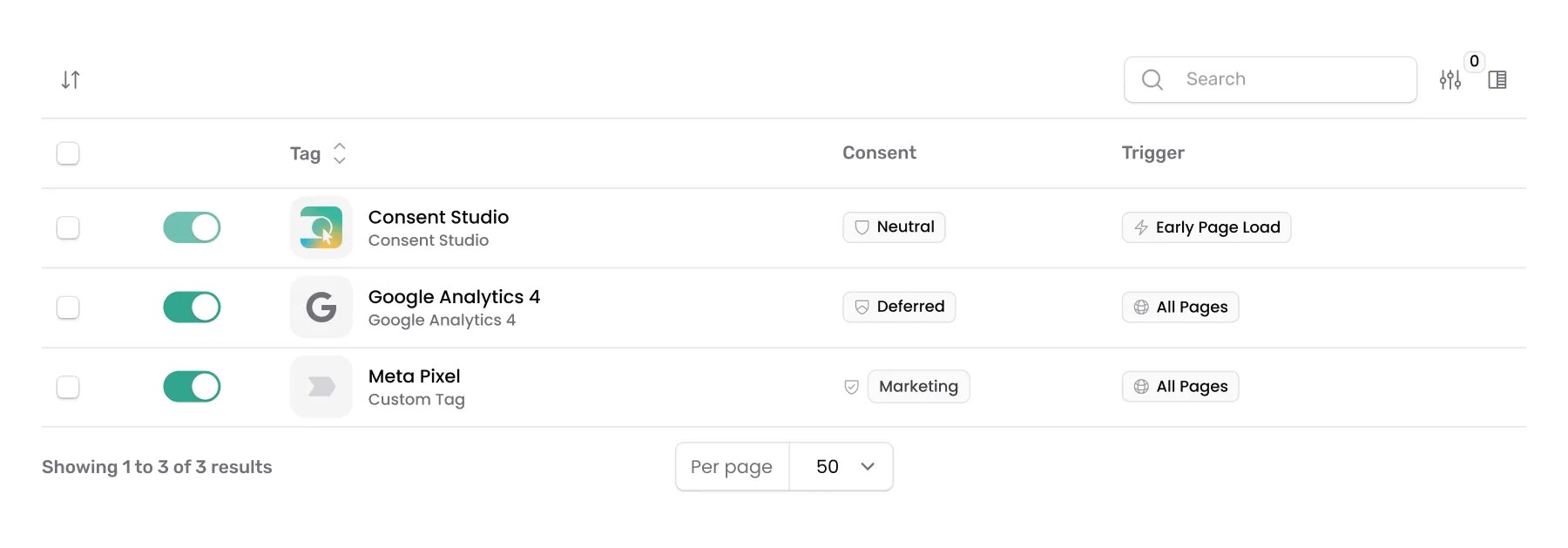 The Launcher tag list, with a Consent column reading Neutral, Deferred and Marketing, and a Trigger column reading Early Page Load and All Pages.