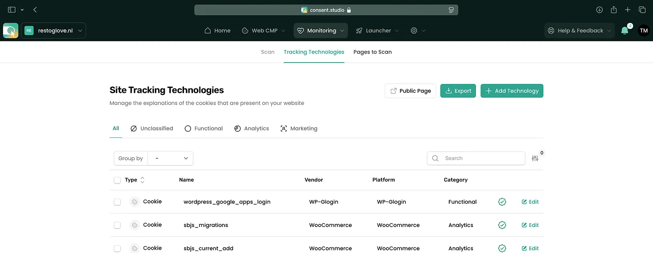 The Consent Studio dashboard listing the tracking technologies found on a site, with the vendor, platform and category of each.