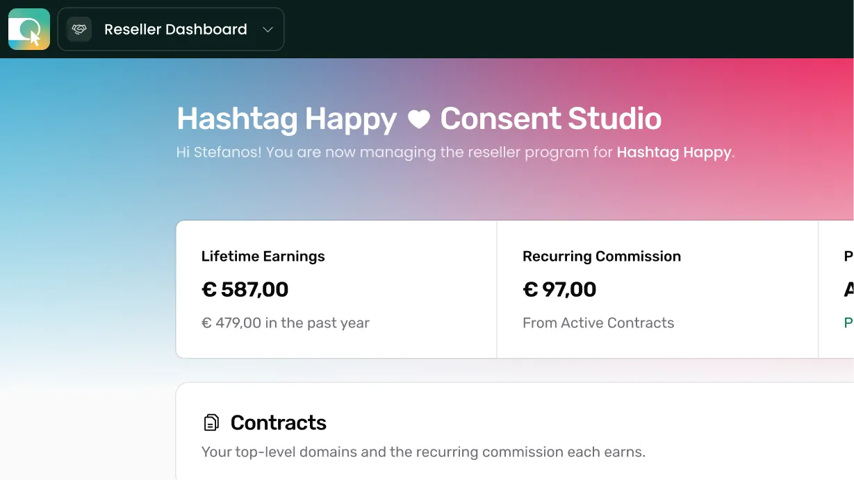 Het overzicht van het resellerdashboard, met de totale verdiensten, wat het afgelopen jaar opleverde, de terugkerende commissie uit lopende contracten en een contractenpaneel met de topleveldomeinen.