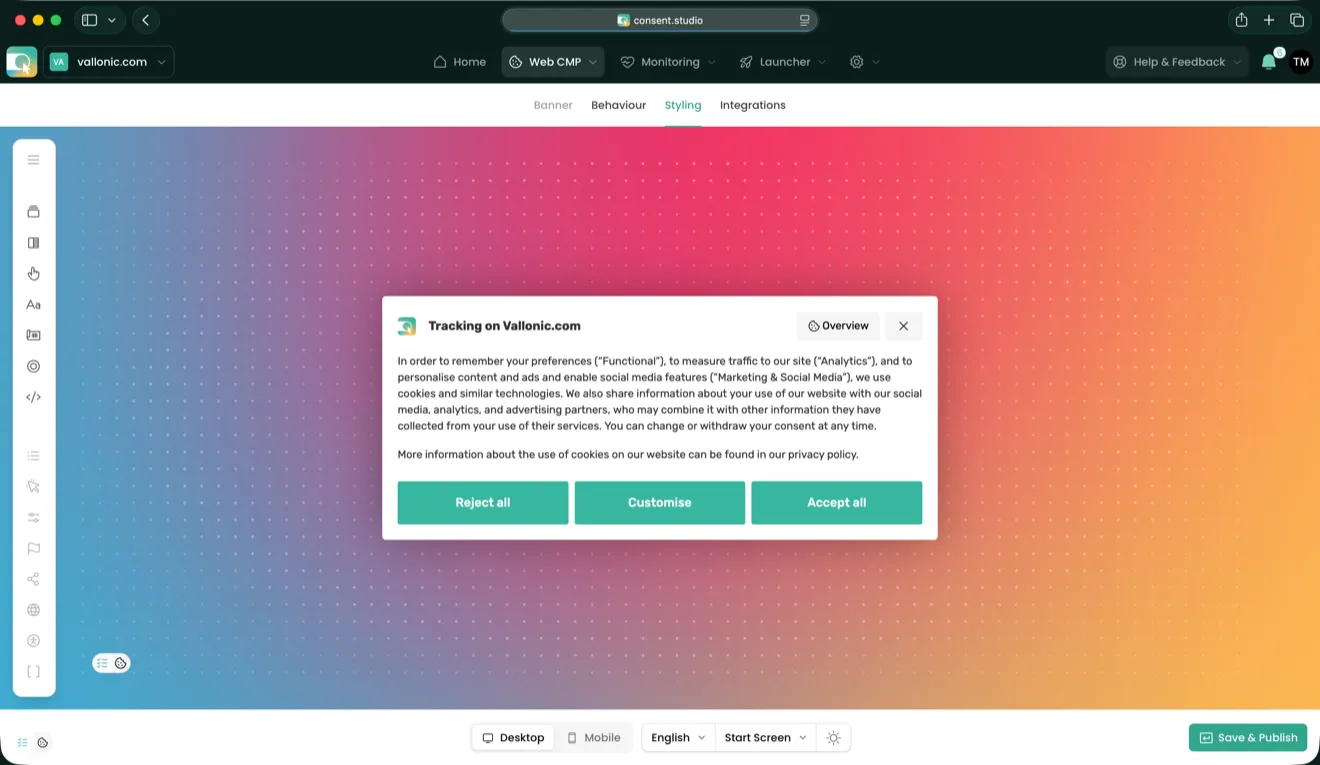 The Consent Studio dashboard on the Web CMP styling screen, with the live cookie banner previewed on the design canvas.