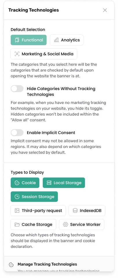 The Tracking Technologies settings panel, listing cookie, local storage, session storage, third-party request, IndexedDB, cache storage and service worker as the types the banner can declare.